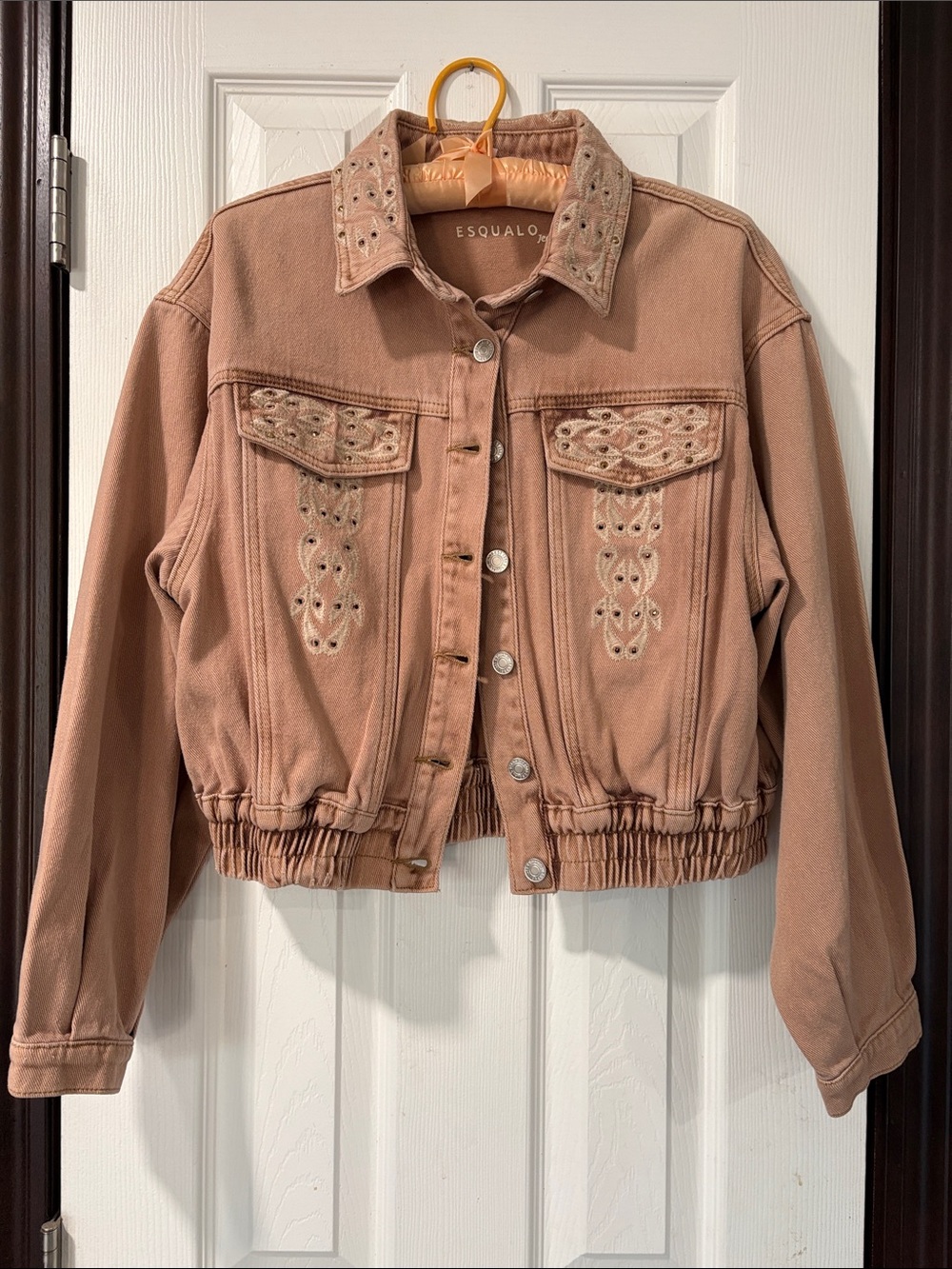 ESQUALO Rose-Tan Embroidered Cropped Denim Jacket